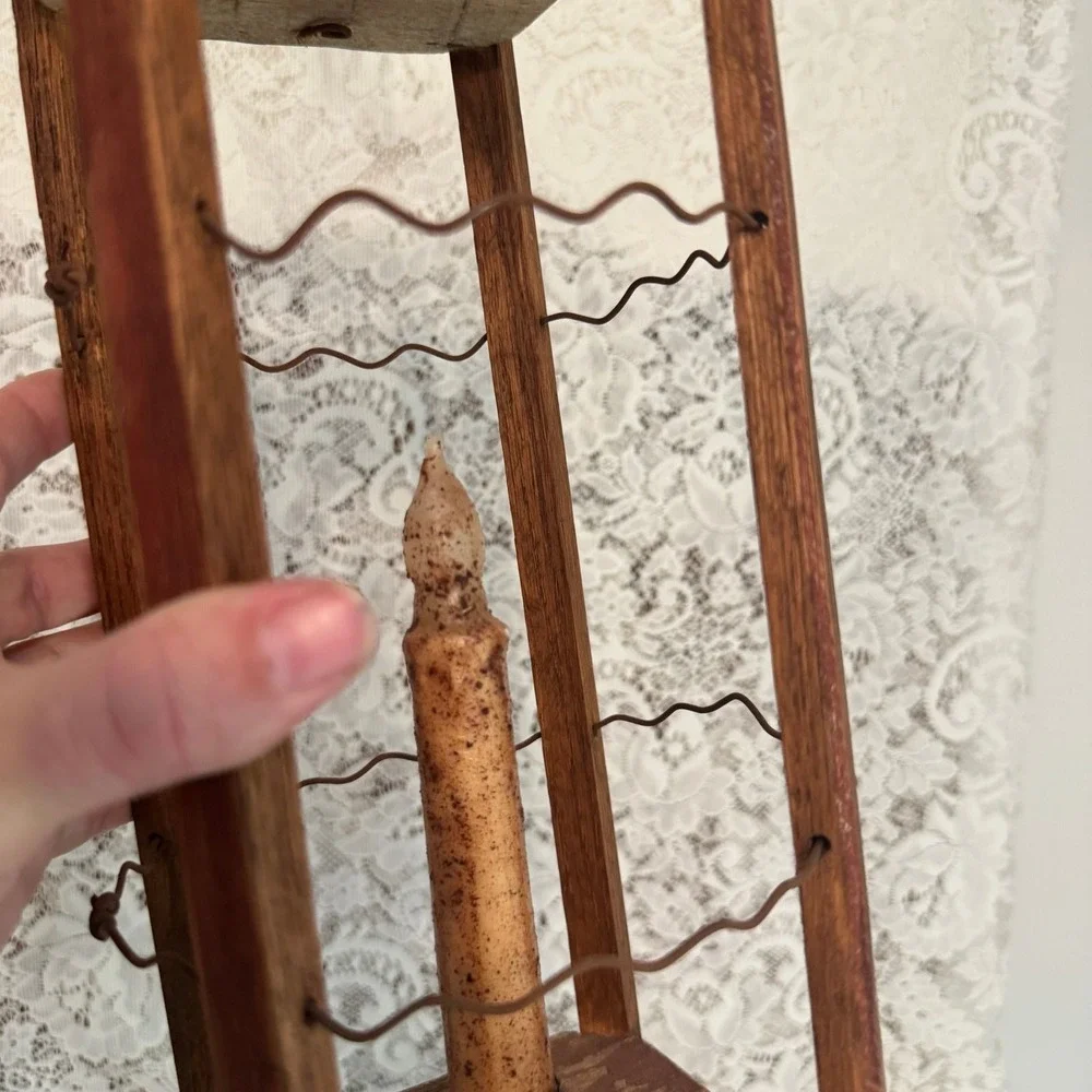 Primitive Wood and Wire Lantern with Faux Taper Candle Rustic Folk Art Farmhouse
